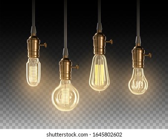 Vector realistic glowing lamp hanging on the wire. Incandescent lamp isolated on transparent background. Electric lightbulb, symbol of creative ideas. Decorative Retro design edison light bulb