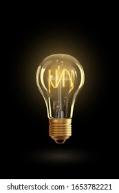 Vector realistic glowing lamp hanging on the wire. Incandescent lamp isolated on transparent background. Electric lightbulb, symbol of creative ideas. Decorative Retro design edison light bulb