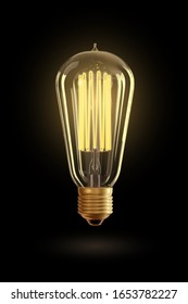 Vector realistic glowing lamp hanging on the wire. Incandescent lamp isolated on transparent background. Electric lightbulb, symbol of creative ideas. Decorative Retro design edison light bulb