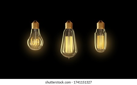 Vector realistic glowing lamp hanging on the wire. Incandescent lamp isolated on transparent background. Electric light bulb, symbol of creative ideas. Decorative Retro design edison light bulb