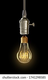 Vector realistic glowing lamp hanging on the wire. Incandescent lamp isolated on transparent background. Electric lightbulb, symbol of creative ideas. Decorative Retro design edison light bulb