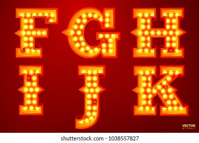 Vector realistic glowing letters with lamps, for circus, movie etc. signs. F, G, H, I, J, K letters include (search other in portfolio).