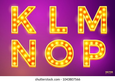 Vector realistic glowing letters with lamps, for circus, movie etc. signs. K, L, M, N, O, P letters include (search other in portfolio).