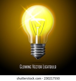 Vector realistic glowing light bulb on dark background.