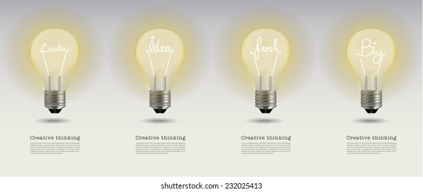 Vector realistic glowing light bulb.set of creative bulb.creative bulb,idea bulb,fresh bulb and big bulb. 