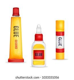 Vector realistic glue tube stick plastic bottle mockup set. 3d packaging container template company product branding advertising promo design fixing adhesive repairing gel moment isolated illustration