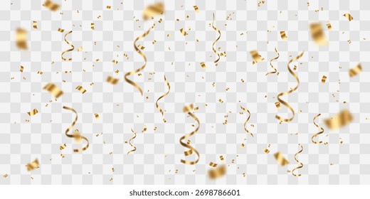 Vector de confeti de oro realista. Serpentina en espiral caída y confeti volador. Fondo de celebración de lujo de Vector con cintas de oro. Aislado sobre fondo transparente.