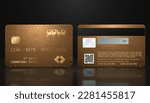 Vector realistic gold credit card with abstract folk geometric background. Golden credit card luxury design template. Bank presentation with hologram, qr-code and magnetic strip. Aztec pattern
