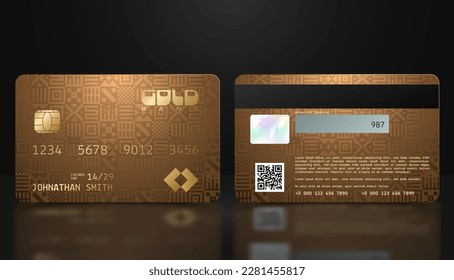 Vector realistic gold credit card with abstract folk geometric background. Golden credit card luxury design template. Bank presentation with hologram, qr-code and magnetic strip. Aztec pattern