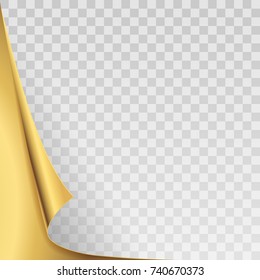 Vector realistic gold curved corner for paper of any color with shadow isolated on the transparent background.