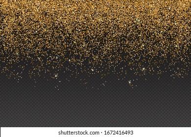 Vector realistic gold glitter particles effect - isolated shiny confetti and glitter sparkling texture. Star dust sparks in explosion on transparent background.