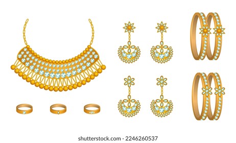 vector of realistic gold jewelry set, realistic vector of necklace, bangles, rings and earrings.