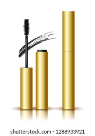 Vector realistic gold opened and closed mascara with shadow and reflection isolated on white background