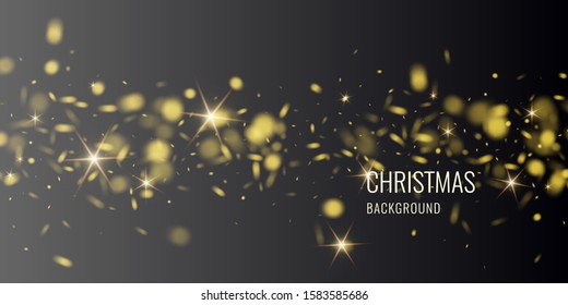 Vector realistic gold particles against a dark background. Transparent elements for winter cards and poster.