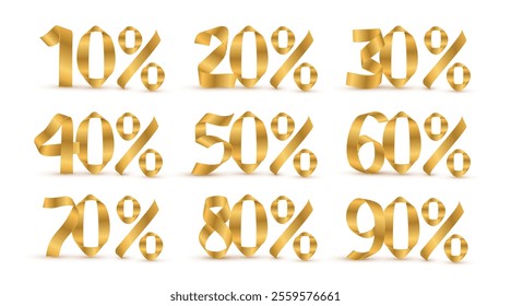 Vector realistic gold ribbon sale icons.10, 20, 30, 40, 50, 60, 70, 80, 90 percent off discount symbols collection. Numbers for advertising banners, sale, discounts, promotions, coupons, certificates.