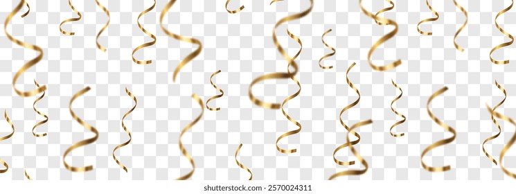 Vector realistic gold serpentine, falling spiral serpentine isolated on png background. Vector flying luxury serpentine pieces. Falling curly ribbons, festive decor elements for party, birthday