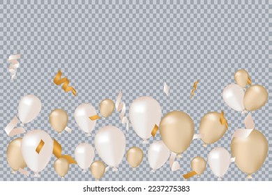 Vektorrealistische Gold- und Silberballons mit Konfetti auf weißem Hintergrund, die glänzende Konfetti feiern, für Grußkarte oder Partyeinladung. glückliches neues Jahr usw.