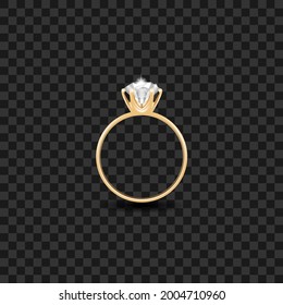 Vector. Anillo de bodas de oro realista con diamantes en un fondo de cuadros. Elemento de diseño para publicidad y productos tipográficos (folletos, pancartas, postales, portadas, volantes, embalaje).