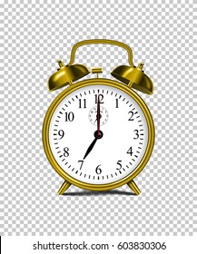 Vector realistic golden alarm clock isolated on transparent background.