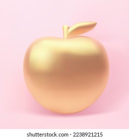 Vector realistic golden apple on pink background. 3d glossy render luxury fruit.