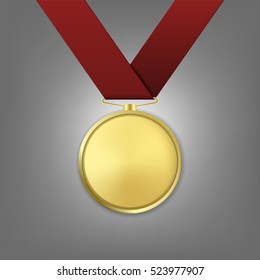 Vector realistic golden award medal with red ribbon.