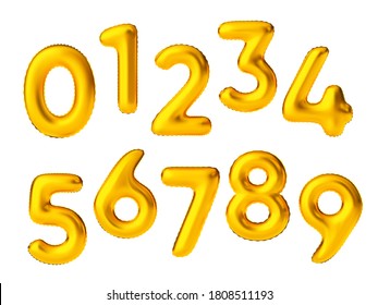 Vector Realistic Golden Ballon Numbers, Floating In The Air. Isolated On White Background