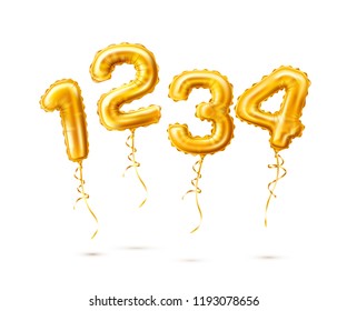 Vector realistic golden balloons 1 2 3 4 numbers with tassel. One two three four numerical symbols for birthday anniversary party celebration, greeting card design. Inflatable type decoration