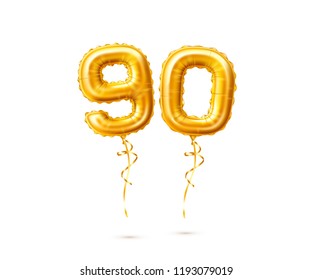 Vector realistic golden balloons ninety 90 number with tassel. Nine zero numerical symbols for birthday anniversary party celebration, greeting card design. Inflatable type decoration