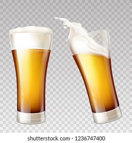 Vector Realistic Golden Beer Splashes In Transparent Glass. White Foam On Yellow Alcohol Drink Inside Of Pint, Tankard. Mockup For Ad Poster, Promo Banner. Ale Or Other Frothy Liquid, Brewery Product