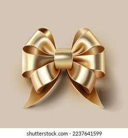 Vector realistic golden bow. 3d render glossy ribbon bow for christmas, new year, wedding and birthday gift and present decoration element. Present box bow for decoration