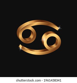 Vector realistic golden Cancer sign. 3d Zodiac symbol. Shining gold horoscope sign.