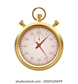 Vector realistic golden classic stopwatch icons. Vintage retro shiny metal chronometer, time counter with dial. Measurement for sport, start and finish. 