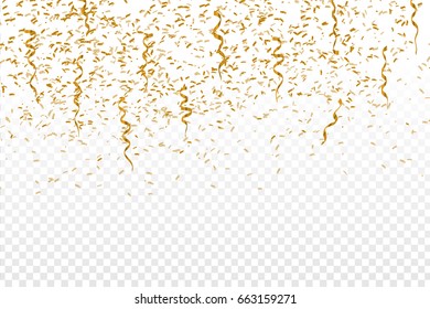 Vector realistic golden confetti on the transparent background. Concept of happy birthday, party and holidays.