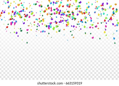 Vector realistic golden confetti on the transparent background. Concept of happy birthday, party and holidays.