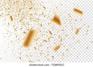 Vector realistic golden confetti on the transparent background. Concept of happy birthday, party and holidays.