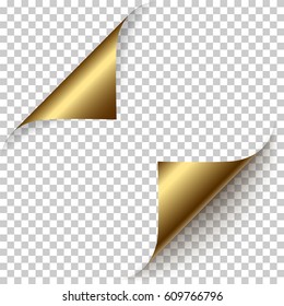 Vector realistic golden foil paper corners set with soft shadow on transparent background. 3D page corner curled. Blank sheet of paper. Design element.