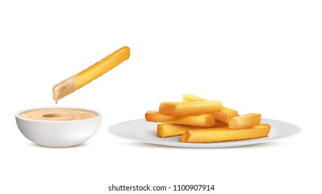 Vector realistic golden french fries, heap of fried potato sticks in white plate and bowl with sauce, isolated on background. Fastfood, crispy chips, unhealthy fatty eating to have fast snack