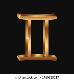 Vector realistic golden Gemini sign. 3d Zodiac symbol. Shining gold horoscope sign.