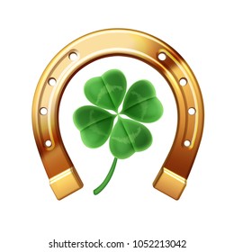 Vector realistic golden horseshoe with quatrefoil clover isolated on a white background. Symbol of luck