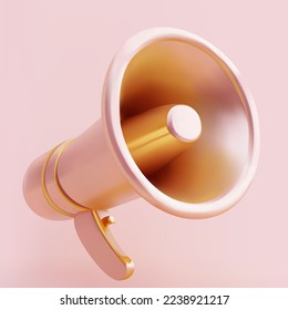 Vector realistic golden megaphone on pink background. 3d glossy render loudspeaker for announcements, messages promotion design. 3d icon for marketing.