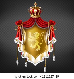 Vector realistic golden royal coat of arms with crown, shield with lion, red mantle with fur fringe isolated on background. Template of premium label for companies, luxury heraldic emblem