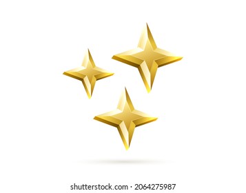 Vector realistic golden shiny stars. Cartoon bright stars for celebration and holiday design. Rating, award symbol.