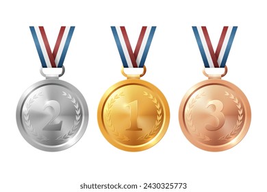 Vector Realistic Golden, Silver, Bronze Award Medal Icon Set Closeup Isolated. First, Second, Third Place Prizes. Design Template for Sport Tournament Victory Concept. Front View