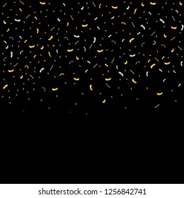 Vector realistic golden and silver confetti ribbons on the black background. Concept of happy birthday, party and holidays