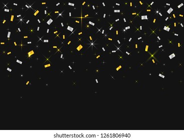 Vector realistic golden and silver confetti ribbons on the black background. Concept of happy birthday, party and holidays