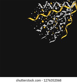 Vector realistic golden and silver confetti ribbons on the black background. Concept of happy birthday, party and holidays