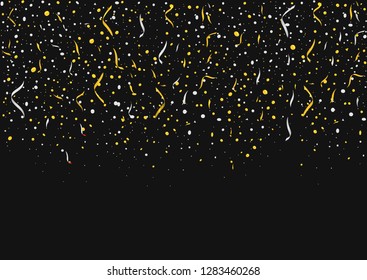 Vector realistic golden and silver confetti ribbons on the black background. Concept of happy birthday, party and holidays