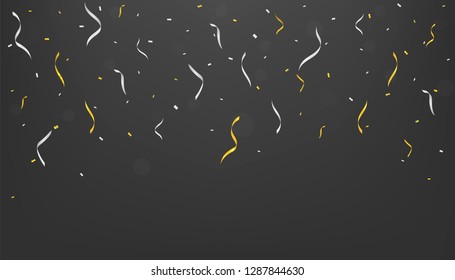 Vector realistic golden and silver confetti ribbons on the black background. Concept of happy birthday, party and holidays