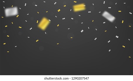 Vector realistic golden and silver confetti ribbons on the black background. Concept of happy birthday, party and holidays