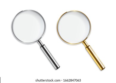 Vector realistic golden and silver magnifiers isolated on white background